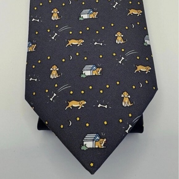 100% REAL HERMES TIE ~ DARKER BLUE w/ FUN BROWN DOG HOUSE STARS MOONS BONES XL - Picture 3 of 6